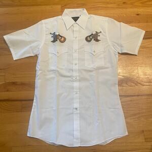 NWOT High Noon Pearl Snap Shirt Sz Small White Embroidered Guitars Rockabilly